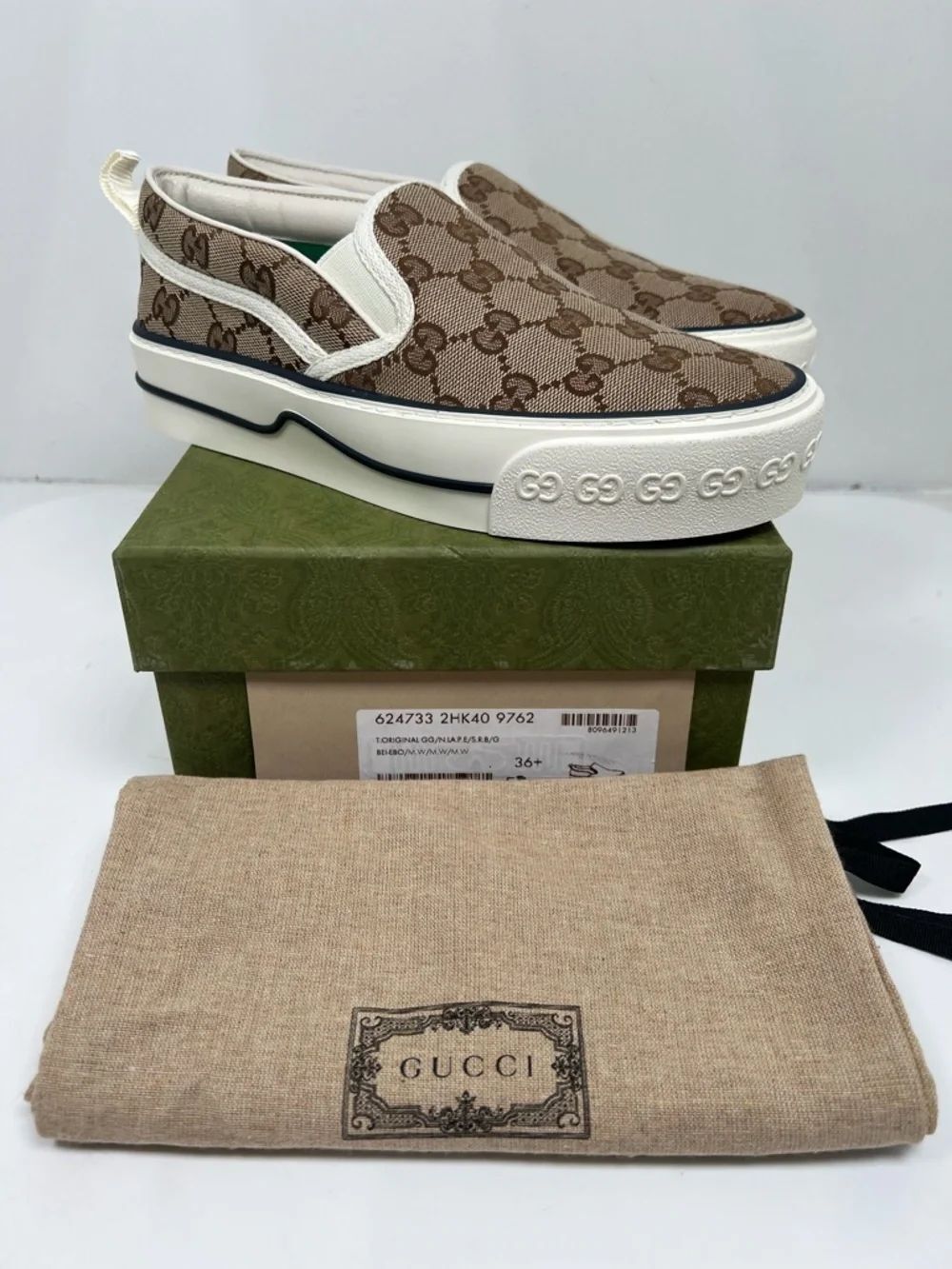 Gucci GG Canvas Slip On Platform Sneakers Beige Women’s EU 36+ 624733 Box Dust